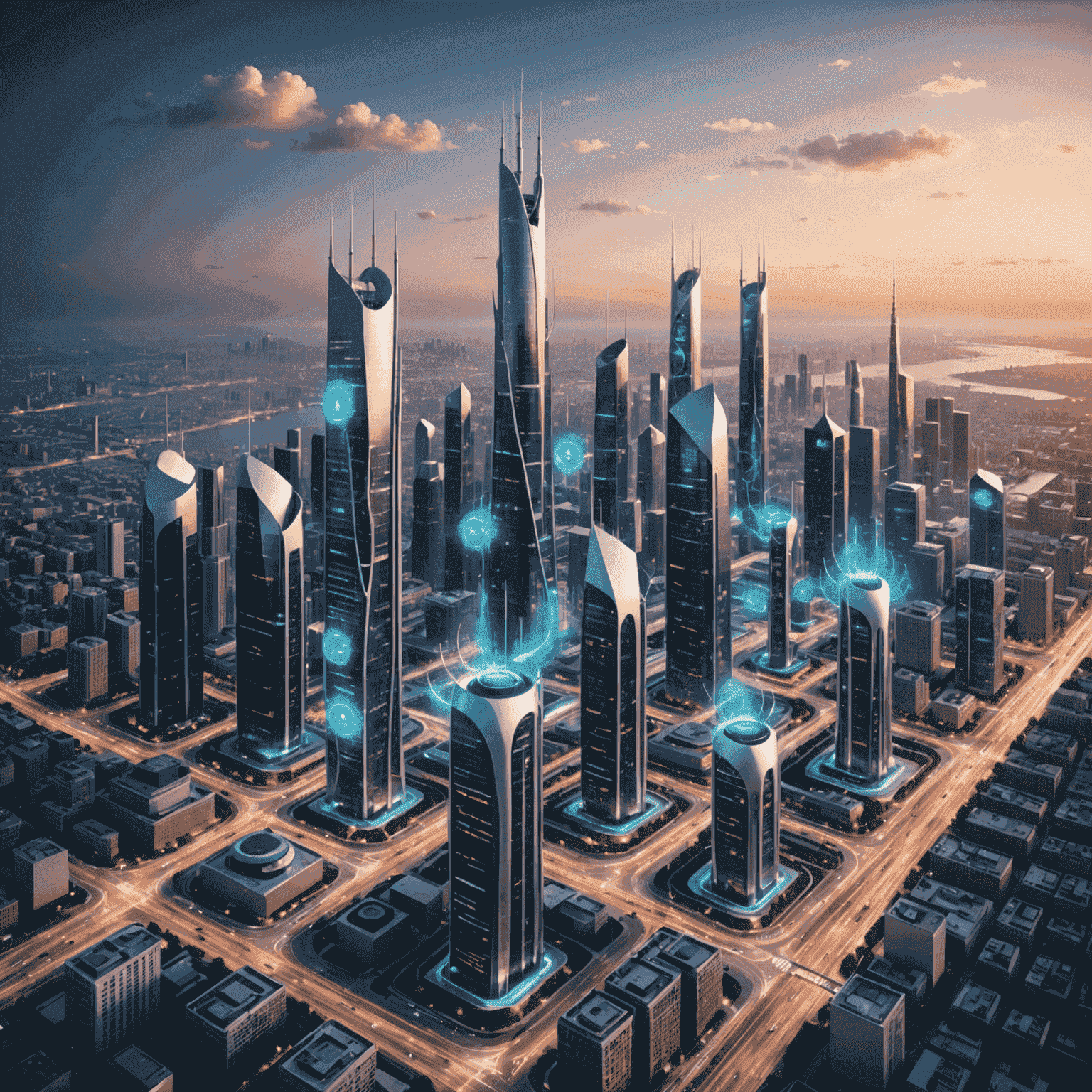 صورة توضيحية لتقنية الجيل الخامس 5G تظهر أبراج اتصالات متطورة تبث موجات لاسلكية في مدينة ذكية مستقبلية مع أجهزة متصلة